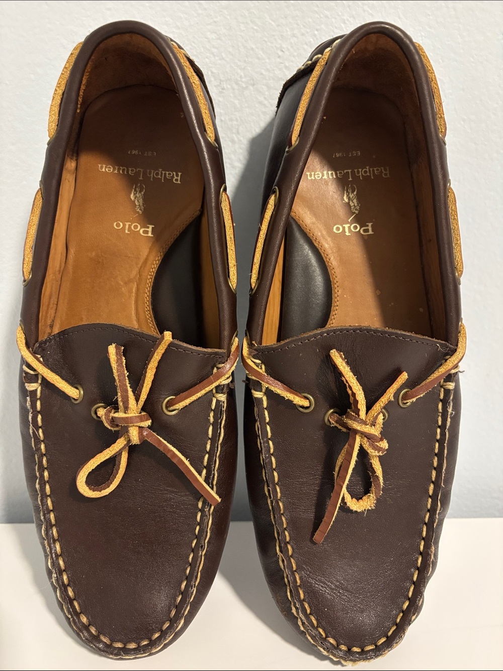 Polo Ralph Lauren Men’s Dark Brown Leather Ander’s Loafer Tan Laces Size 9.5